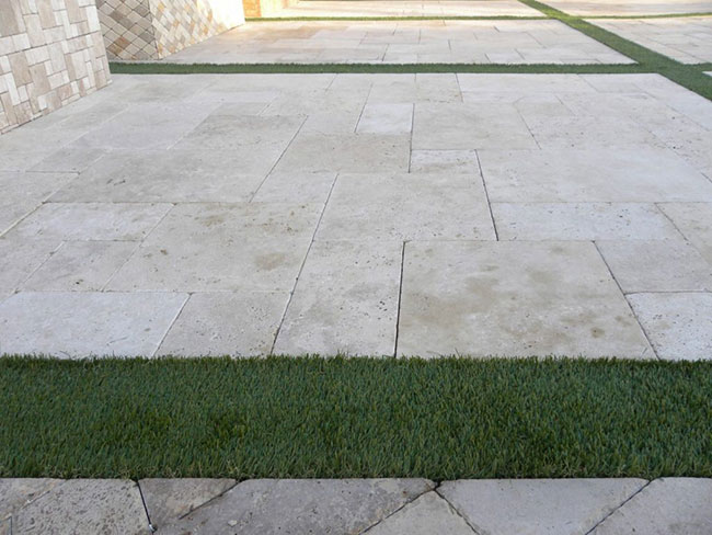 Travertine Paverstone Patio with Artificial Grass in Dana Point, CA
